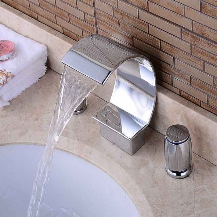 Widespread Bathroom Sink Faucet,Two Handle Three Holes, Brass Waterfall Chrome Bath Taps