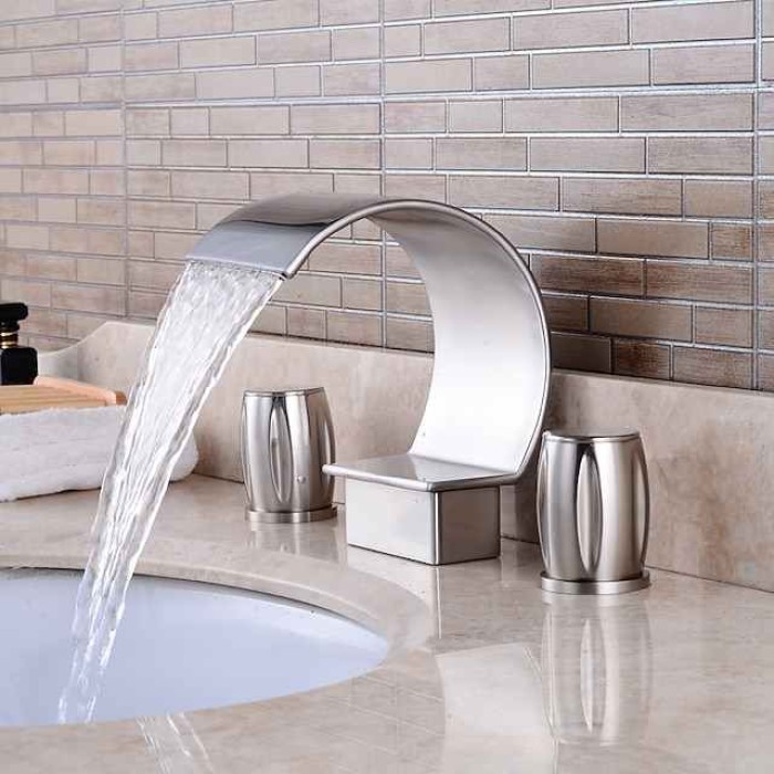 Widespread Bathroom Sink Faucet,Two Handle Three Holes, Brass Waterfall Chrome Bath Taps