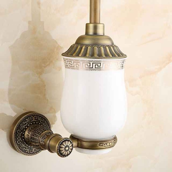 Toilet Brush with Holder,Antique Brass Ceramics Wall Mounted Rubber Painted Toilet Bowl Brush and Holder for Bathroom