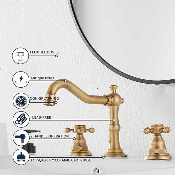 Bathroom Sink Faucet,Widespread Two Handle Three Holes, Brass Bath Taps, Brass Bathroom Sink Faucet Contain with Cold and Hot Water