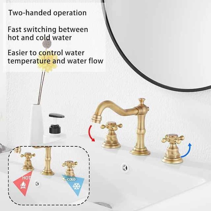 Bathroom Sink Faucet,Widespread Two Handle Three Holes, Brass Bath Taps, Brass Bathroom Sink Faucet Contain with Cold and Hot Water