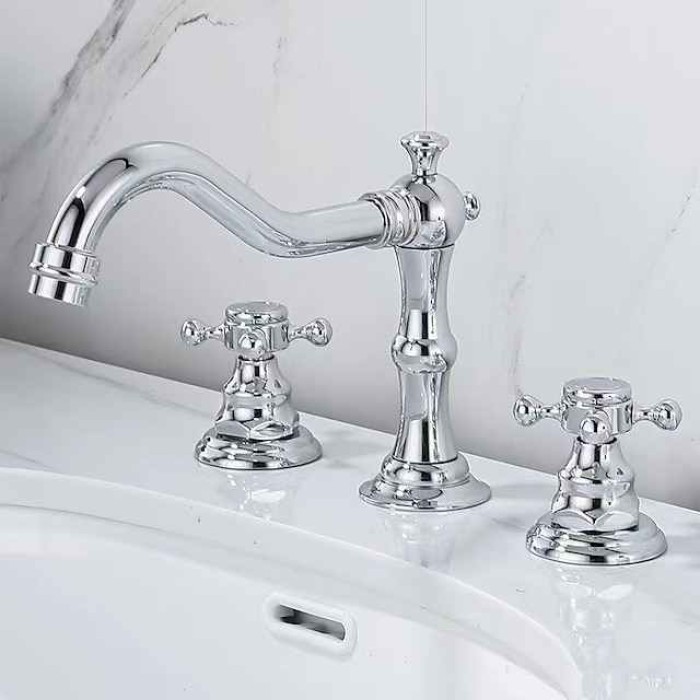 Bathroom Sink Faucet,Widespread Two Handle Three Holes, Brass Bath Taps, Brass Bathroom Sink Faucet Contain with Cold and Hot Water