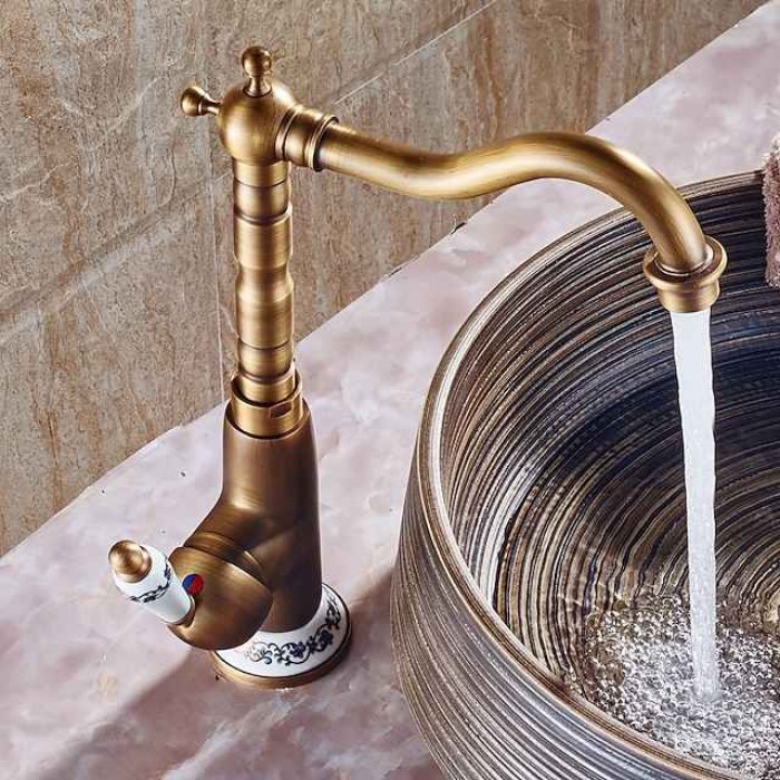 Bathroom Sink Faucet,Antique Brass Single Handle  One Hole Bath Taps, Retro Style Ceramic Handle Rotatable Faucet with Hot and Cold Switch