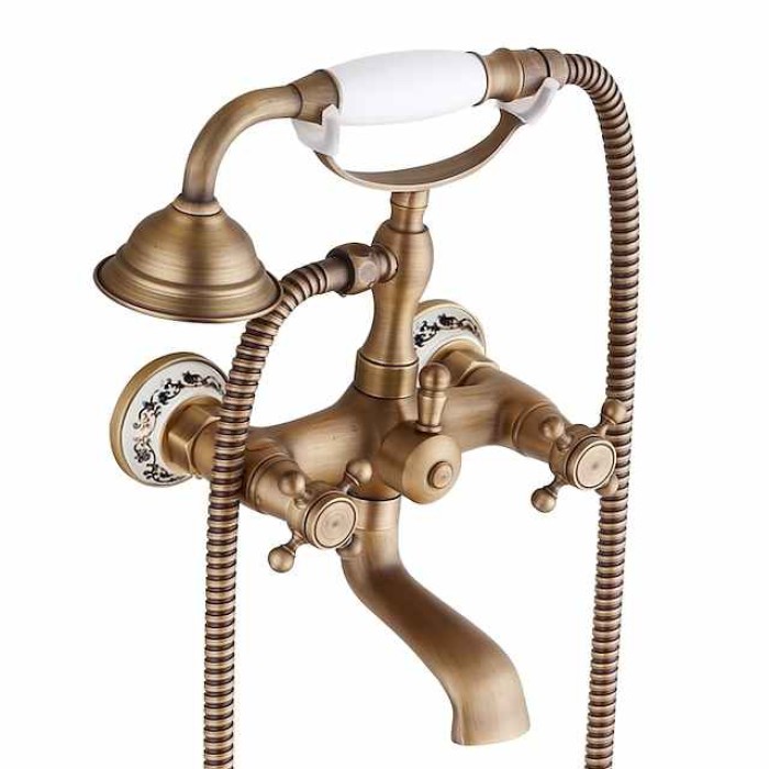 Bathtub Filler Cold/Hot Water Mixer Clawfoot Antique Copper Finish Wall Mount Tub Filler with Hand Held Shower Faucet 2 Cross Handles with Tub Spout Vintage Style