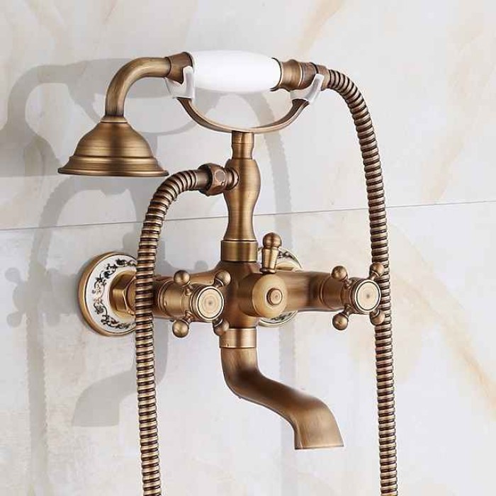 Bathtub Filler Cold/Hot Water Mixer Clawfoot Antique Copper Finish Wall Mount Tub Filler with Hand Held Shower Faucet 2 Cross Handles with Tub Spout Vintage Style