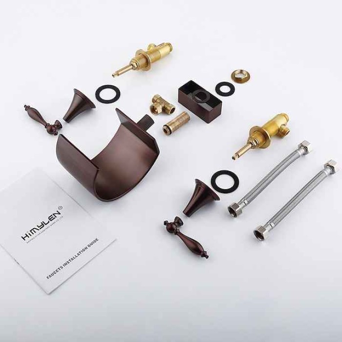 Widespread Bathroom Sink Faucet,Two Handle Three Holes, Brass Waterfall Oil-rubbed Bronze Bath Taps