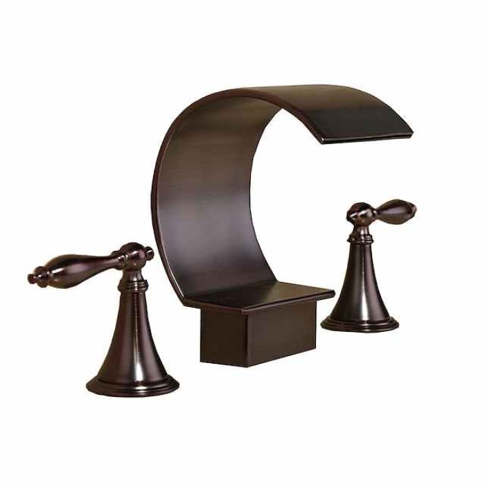 Widespread Bathroom Sink Faucet,Two Handle Three Holes, Brass Waterfall Oil-rubbed Bronze Bath Taps