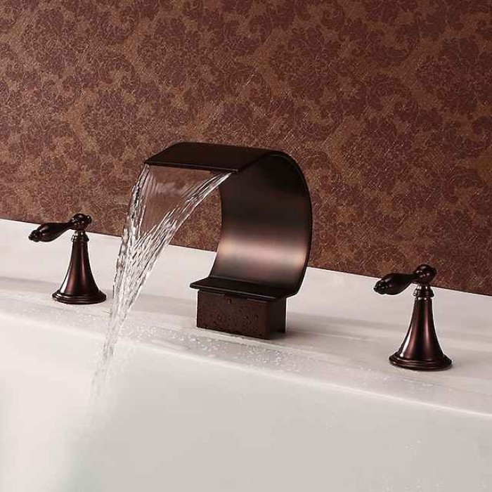 Widespread Bathroom Sink Faucet,Two Handle Three Holes, Brass Waterfall Oil-rubbed Bronze Bath Taps