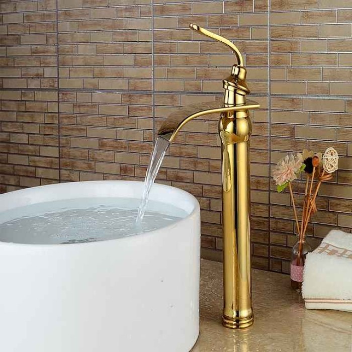 Bathroom Sink Faucet - Waterfall Ti-PVD Centerset Single Handle One HoleBath Taps / Brass