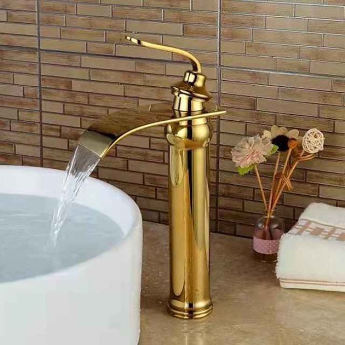 Brass Bathroom Sink Faucet,Waterfall Rose Gold Centerset Single Handle One Hole Bath Taps with Hot and Cold Water