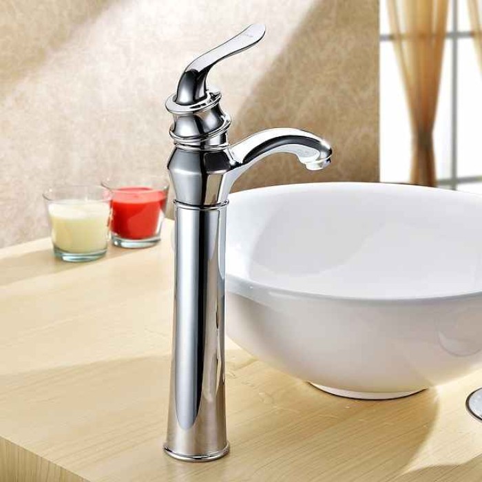 Brass Bathroom Sink Faucets,Single Handle One Hole Chrome Finish Bath Tap with Cold and Hot Switch