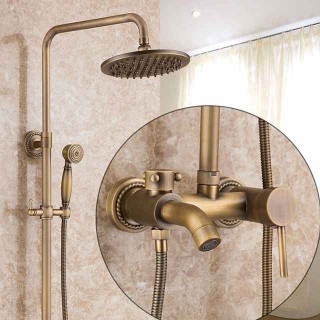 Vintage Shower System Faucet Set, 8" Rainfall Shower Head with Handheld Handshower Combo Kit Wall Mounted, Adjustable Brass Body and Single Handle One Hole Bath Shower Mixer Taps