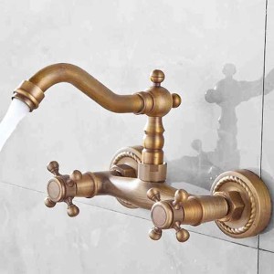 Art Deco Antique Brass Sprinkle Sink Faucets,  Wall Mount Two Handles Two Holes Kitchen Faucet with Hot and Cold Water Switch