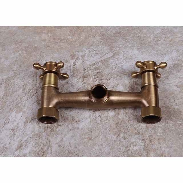 Art Deco Antique Brass Sprinkle Sink Faucets,  Wall Mount Two Handles Two Holes Kitchen Faucet with Hot and Cold Water Switch