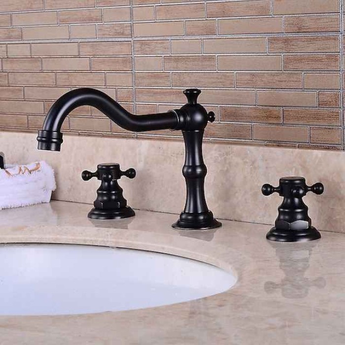 Widespread Bathroom Sink Faucet,Two Handle Three Holes, Brass ORB Bathroom Sink Faucet Contain with Supply Lines and Drain Plug and Hot/Cold Switch