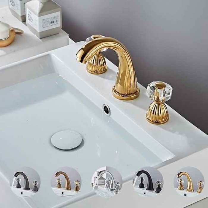 Widespread Bathroom Sink Mixer Faucet, Brass Basin Taps 2 Handle 3 Hole Retro Style Crystal Handle, Washroom Bath with Hot and Cold Water Hose