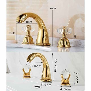 Widespread Bathroom Sink Mixer Faucet, Brass Basin Taps 2 Handle 3 Hole Retro Style Crystal Handle, Washroom Bath with Hot and Cold Water Hose