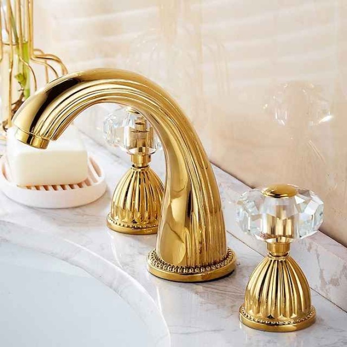 Widespread Bathroom Sink Mixer Faucet, Brass Basin Taps 2 Handle 3 Hole Retro Style Crystal Handle, Washroom Bath with Hot and Cold Water Hose