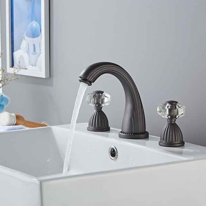 Widespread Bathroom Sink Mixer Faucet, Brass Basin Taps 2 Handle 3 Hole Retro Style Crystal Handle, Washroom Bath with Hot and Cold Water Hose