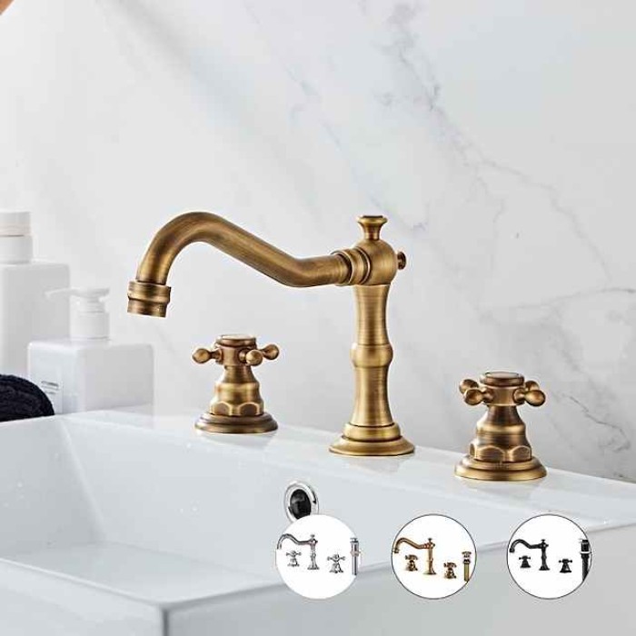 Bathroom Sink Faucet,Widespread Two Handle Three Holes, Brass Chrome Bathroom Sink Faucet Contain with Supply Lines and Drain Plug and Hot/Cold Switch