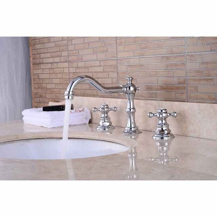 Bathroom Sink Faucet,Widespread Two Handle Three Holes, Brass Chrome Bathroom Sink Faucet Contain with Supply Lines and Drain Plug and Hot/Cold Switch