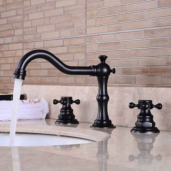 Bathroom Sink Faucet,Widespread Two Handle Three Holes, Brass Chrome Bathroom Sink Faucet Contain with Supply Lines and Drain Plug and Hot/Cold Switch