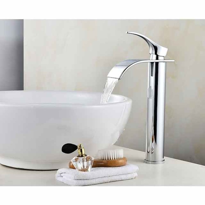 Bathroom Sink Faucet Modern Style Single Handle Chrome Waterfall Stainless Steel Contemporary Bathroom Faucet Adjustable to Cold and Hot Water Silvery