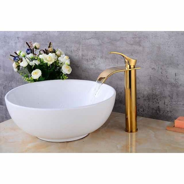 Bathroom Faucet Set,Retro Style Brass Waterfall Golden Centerset Tall Waterfall Single Handle One Hole Bath Taps with Hot and Cold Water Switch and Pop-up Drain