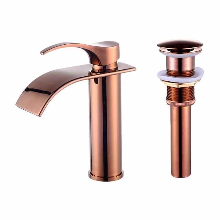 Bathroom Sink Faucet,Modern Style Single Handle Rose Golden One Hole Waterfall,Oil-rubbed Cooper with Drain and Brass Faucet Body with Hot and Cold Water and Pop-up Drain