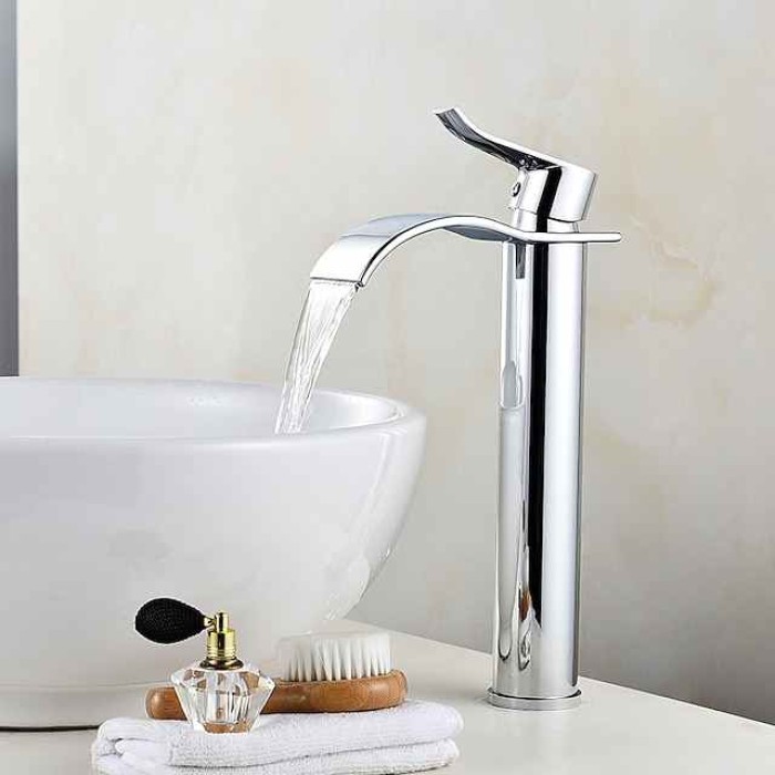 Brass Bath Sink Faucet with Drain,Waterfall Rose Gold Tall Centerset Single Handle One Hole Bath Taps with Hot and Cold Water