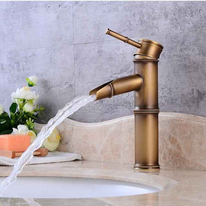 Brass Bathroom Sink Faucet,Single Handle One Hole Antique Copper Faucet Set with Pop-up Drain and Hot/Cold Water