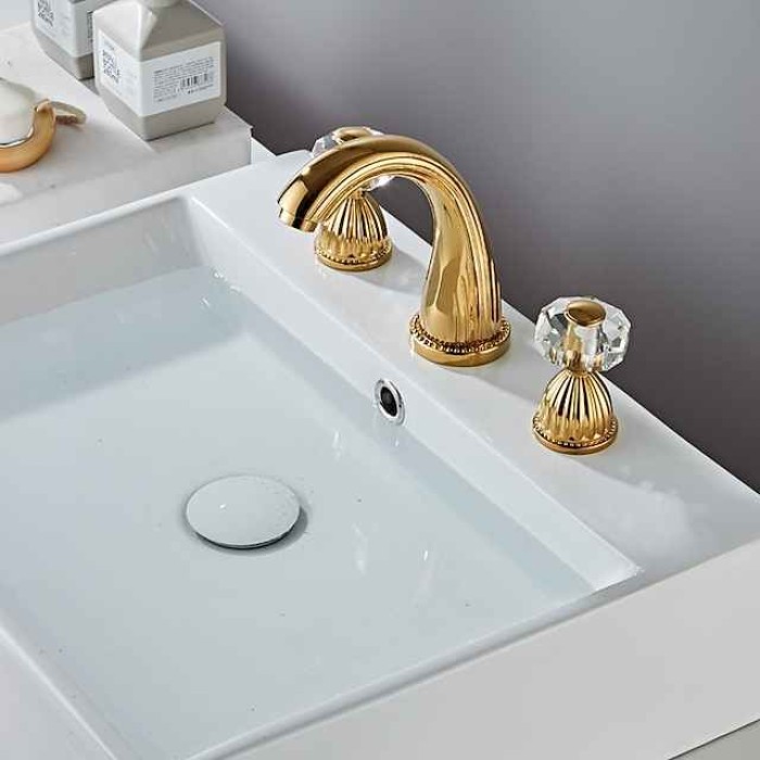 Widespread Bathroom Sink Mixer Faucet, 3 Holes 2 Handle Basin Tap, Retro Style Crystal Handle Brass Bathroom Sink Faucet Contain with Supply Lines and Hot Cold Water Hose Deck Mounted