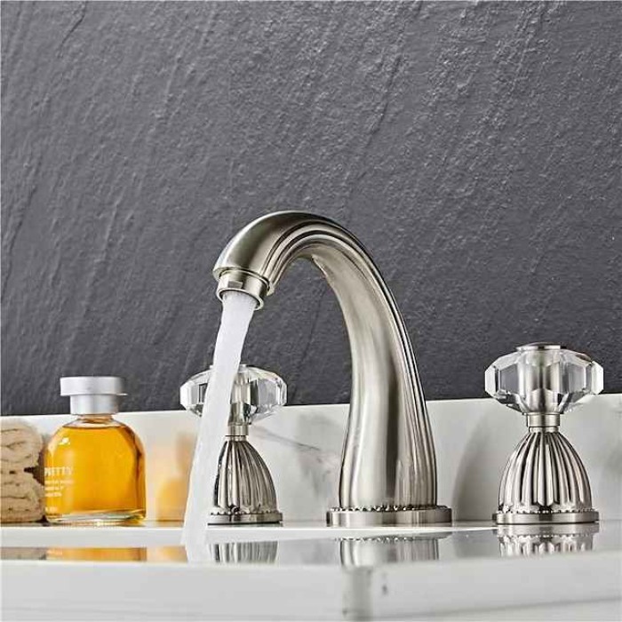 Widespread Bathroom Sink Mixer Faucet, 3 Holes 2 Handle Basin Tap, Retro Style Crystal Handle Brass Bathroom Sink Faucet Contain with Supply Lines and Hot Cold Water Hose Deck Mounted