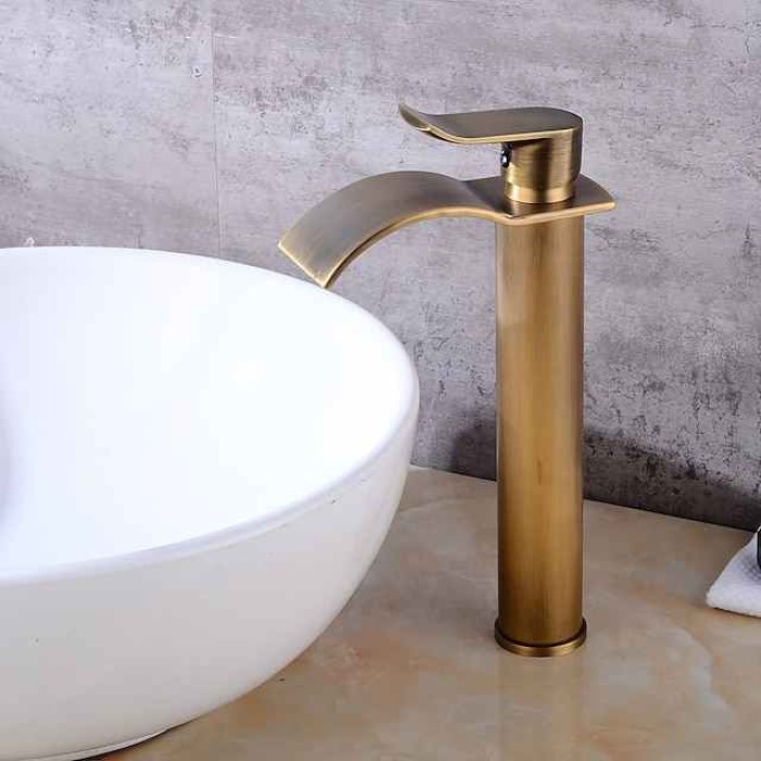 Antique Copper Bathroom Sink Faucet,Golden Waterfall Single Handle One Hole Bath Taps with Hot and Cold Water Switch