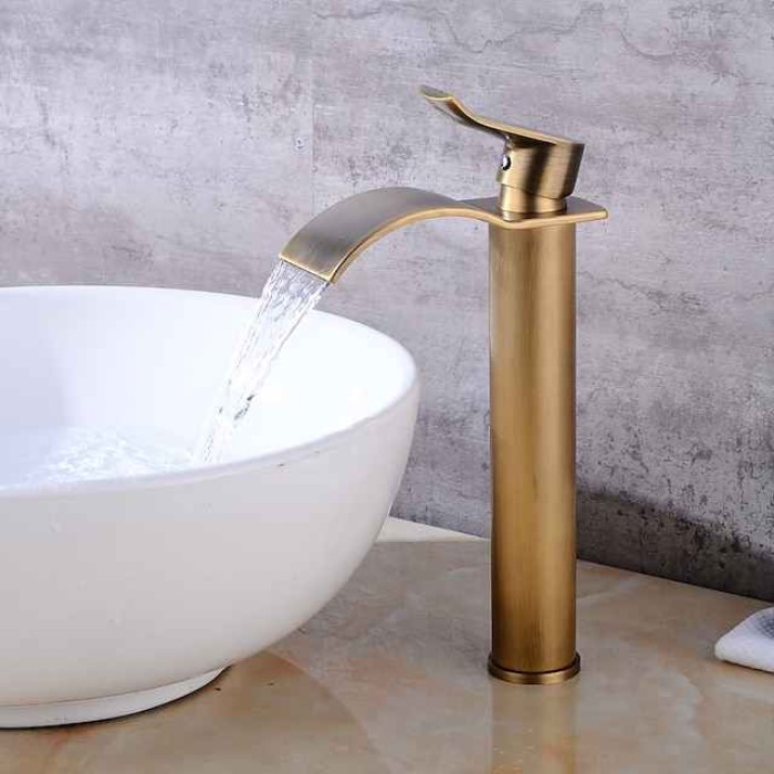 Antique Copper Bathroom Sink Faucet,Golden Waterfall Single Handle One Hole Bath Taps with Hot and Cold Water Switch