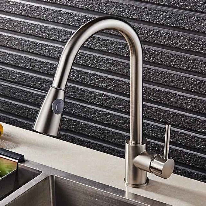 Kitchen Faucet,Minimalisht Style Brass Brushed Pull-out Tall High Arc Vessel Fashion Brushed Rotatable Contemporary Kitchen Taps with Hot and Cold Switch