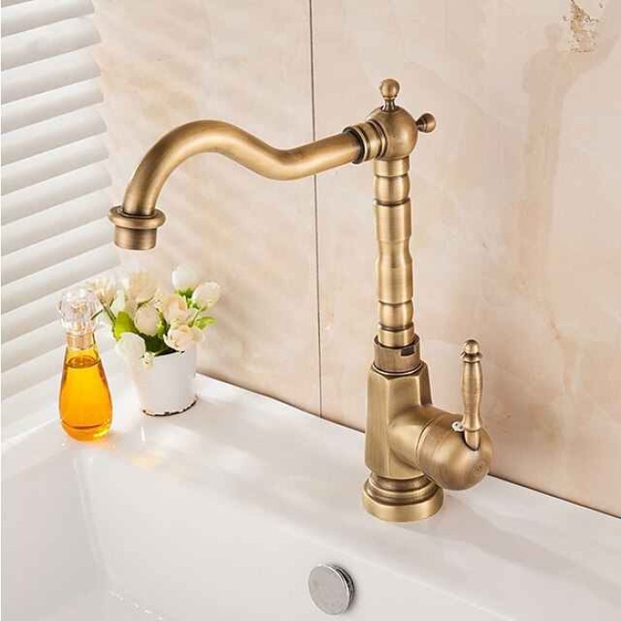 Kitchen Sink Mixer Faucet, 360 Swivel Single Handle Spring Kitchen Taps Deck Mounted, One Hole Brass Kitchen Sink Faucet Water Vessel Taps Retro Vintage