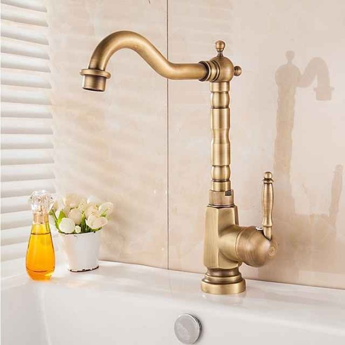 Kitchen Sink Mixer Faucet, 360 Swivel Single Handle Spring Kitchen Taps Deck Mounted, One Hole Brass Kitchen Sink Faucet Water Vessel Taps Retro Vintage