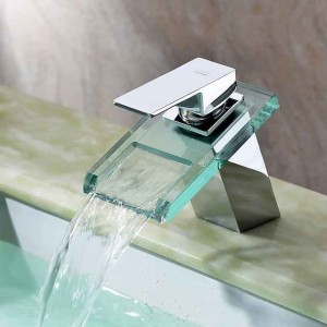 Bathroom Sink Mixer Faucet with Glass Waterfall Spout Chrome Finish Deck Mounted, Vessel Sink Basin Tap Vanity Bathtub Mixer Taps