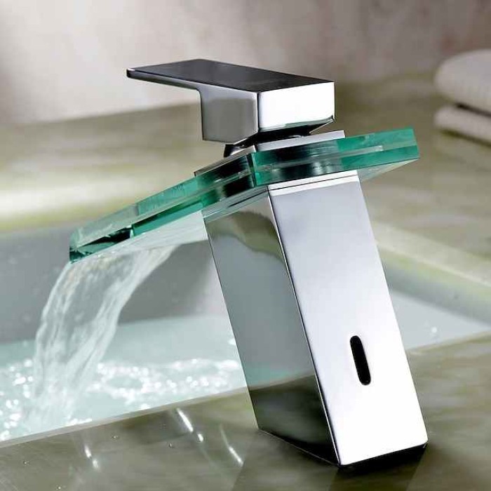 Bathroom Sink Mixer Faucet with Glass Waterfall Spout Chrome Finish Deck Mounted, Vessel Sink Basin Tap Vanity Bathtub Mixer Taps