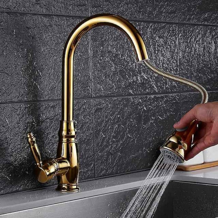 Kitchen Faucet Contemporary Retro Style Ti-PVD Pull-out/­Pull-down Vessel/Brass/Single Handle One Hole