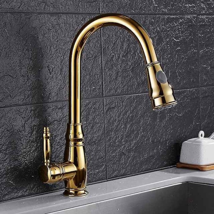 Kitchen Faucet Contemporary Retro Style Ti-PVD Pull-out/­Pull-down Vessel/Brass/Single Handle One Hole