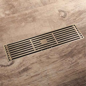 12 Inch Rectangular Linear Shower Drain Bath Floor with Brick Pattern Grate, Brushed Brass Bathroom Floor Drain, Shower Floor Drain Includes Hair Strainer