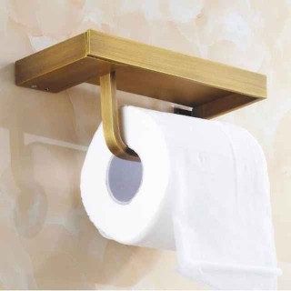 Toilet Paper Holder Antique Brass Solid Copper Wall Mounted Bathroom Roll Paper Holder with Mobile Phone Storage Shelf 1pc