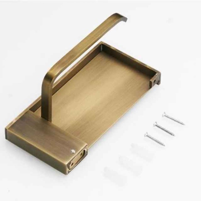 Toilet Paper Holder Antique Brass Solid Copper Wall Mounted Bathroom Roll Paper Holder with Mobile Phone Storage Shelf 1pc