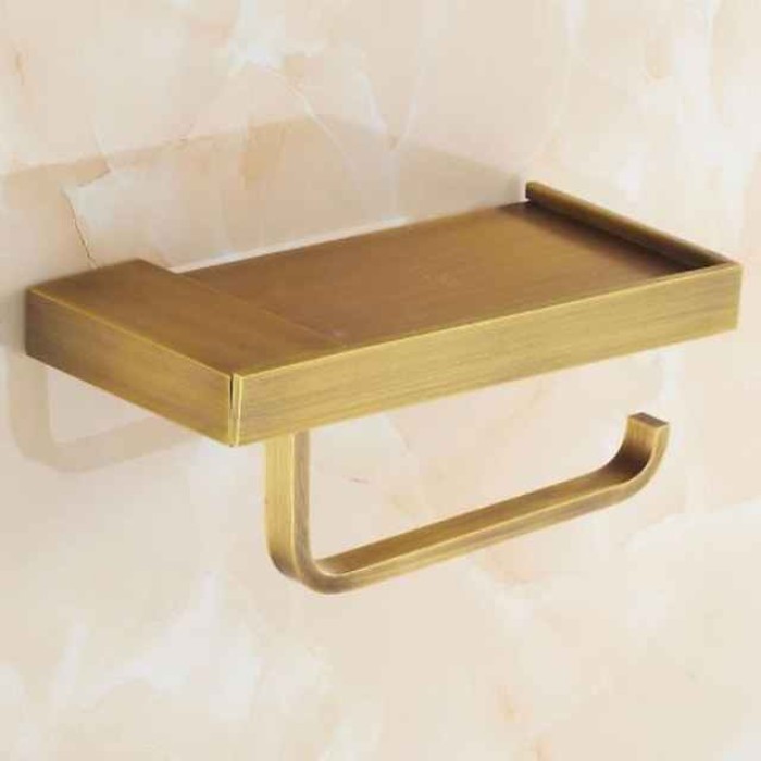 Toilet Paper Holder Antique Brass Solid Copper Wall Mounted Bathroom Roll Paper Holder with Mobile Phone Storage Shelf 1pc