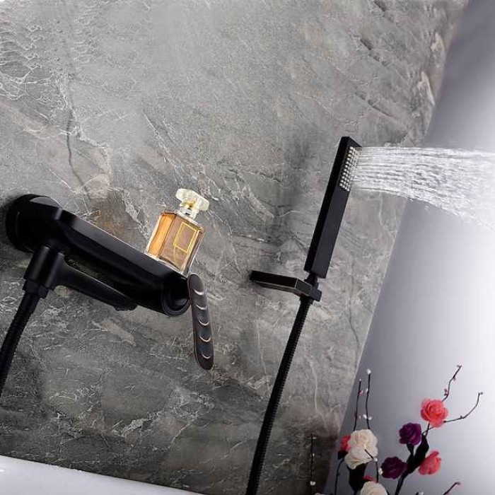 Wall Mounted Bathtub Faucet,Black Oil-rubbed Bronze Single Handle Two Holes Ceramic Valve Bath Shower with Hot and Cold Switch 