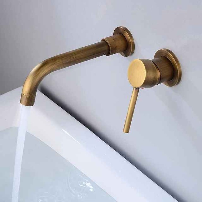 Bathroom Sink Mixer Faucet Wall Mounted, 2 Holes Single Handle Wash Basin Sink Mixer Brass Taps Rough in Valve with Cold Hot Water Hose, Aged Bronze/Black Satin Nickel/Bright Chrome