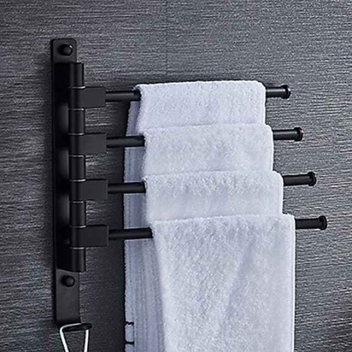 Matte Black Towel Bar with Hook,Self Adhesive Wall Mounted Swing Arm Contemporary Aluminum Multi Rods Towel Bar 1PC