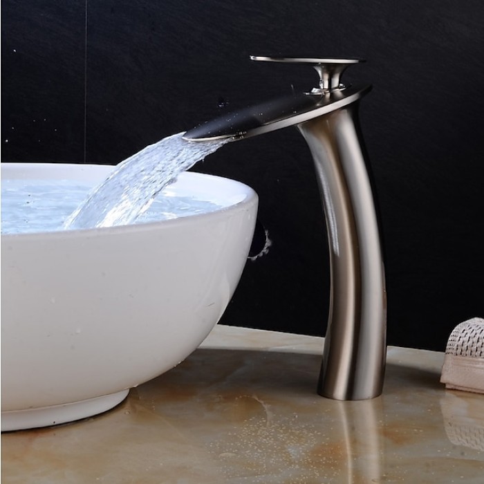 Bathroom Faucet Single Handle Silvery Waterfall Brushed Sink Faucet Contain with Cold and Hot Water Mixer